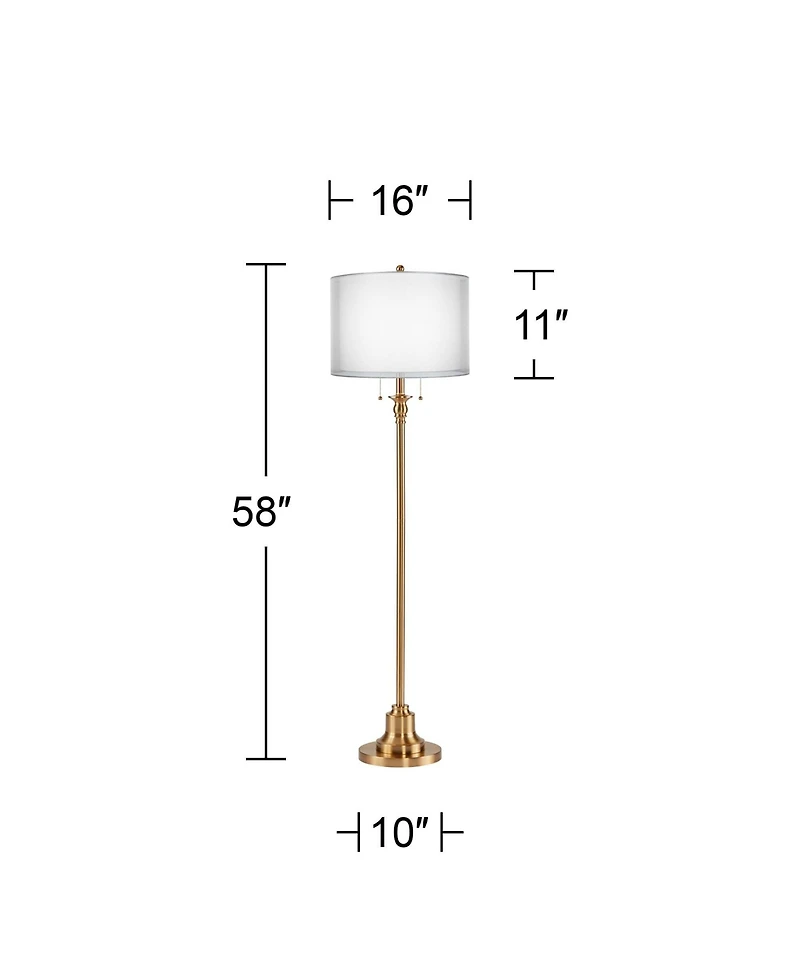 360 Lighting Dyna Traditional 58" Tall Standing Floor Lamp Skinny Pole Pull Chain Gold Antique Brass Finish Sheer Double Shade