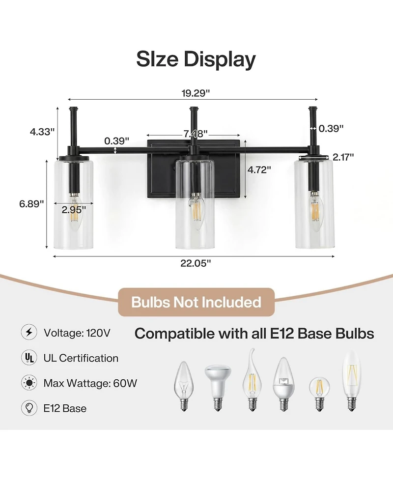 Tribesigns 3-Light Bathroom Vanity Light Fixture, Modern Wall Sconce with Clear Glass Shades.Industrial Vanity Lighting for Bathroom(E12 Base)