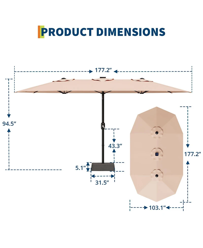 gaomon Outdoor 15Feet Double-Sided Rectangular Patio Umbrella with Base and 36 Solar Led Lights for Pool