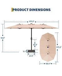 gaomon Outdoor 15Feet Double-Sided Rectangular Patio Umbrella with Base and 36 Solar Led Lights for Pool
