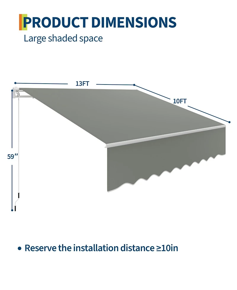 gaomon 13'x10 inches Retractable Waterproof Patio Awning, Sun Shade Awning with Manual Crank Handle