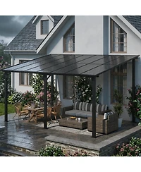 Homfan 10 x 14 Ft Iron Frame Lean-to Canopy with Pc Roof, High-Low Patio Awning for Window Door Backyard