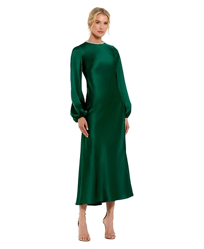 Mac Duggal Petite Crystal Embellished High Neck Satin Maxi Dress