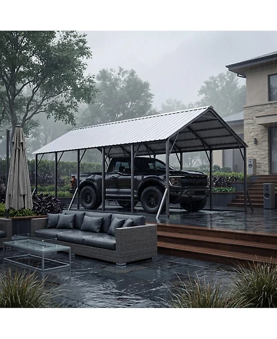 homfan Heavy Duty Carport, Galvanized Steel Frame with Vertical Profile Metal Roof, Vehicle Parking Shelter
