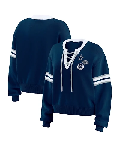 Wear by Erin Andrews Women's Navy Dallas Cowboys Lace-Up Sweater