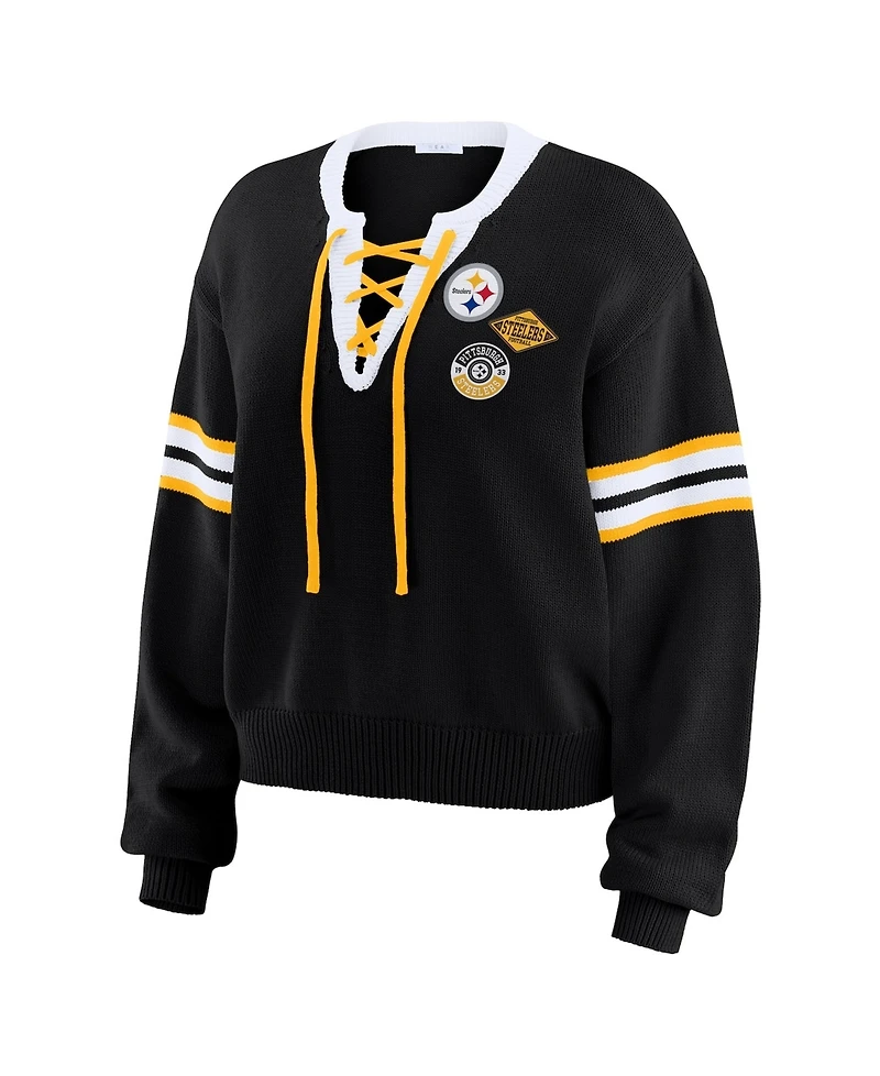 Wear by Erin Andrews Women's Black Pittsburgh Steelers Lace-Up Sweater