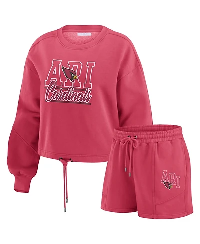 Wear by Erin Andrews Women's 2-Piece Cardinal Arizona Cardinals Washed Fleece Long Sleeve T-Shirt & Shorts Lounge Set
