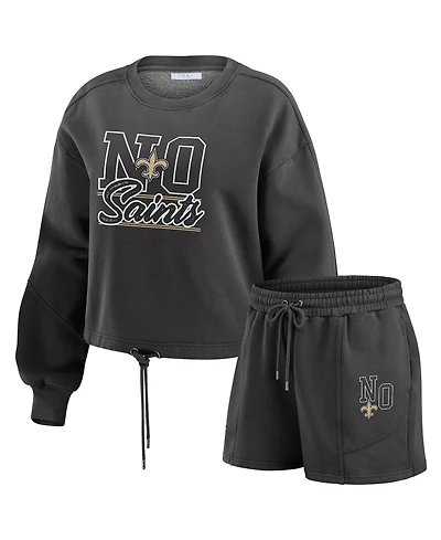 Wear by Erin Andrews Women's 2-Piece Black New Orleans Saints Washed Fleece Long Sleeve T-Shirt & Shorts Lounge Set