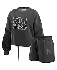 Wear by Erin Andrews Women's 2-Piece Black New Orleans Saints Washed Fleece Long Sleeve T-Shirt & Shorts Lounge Set