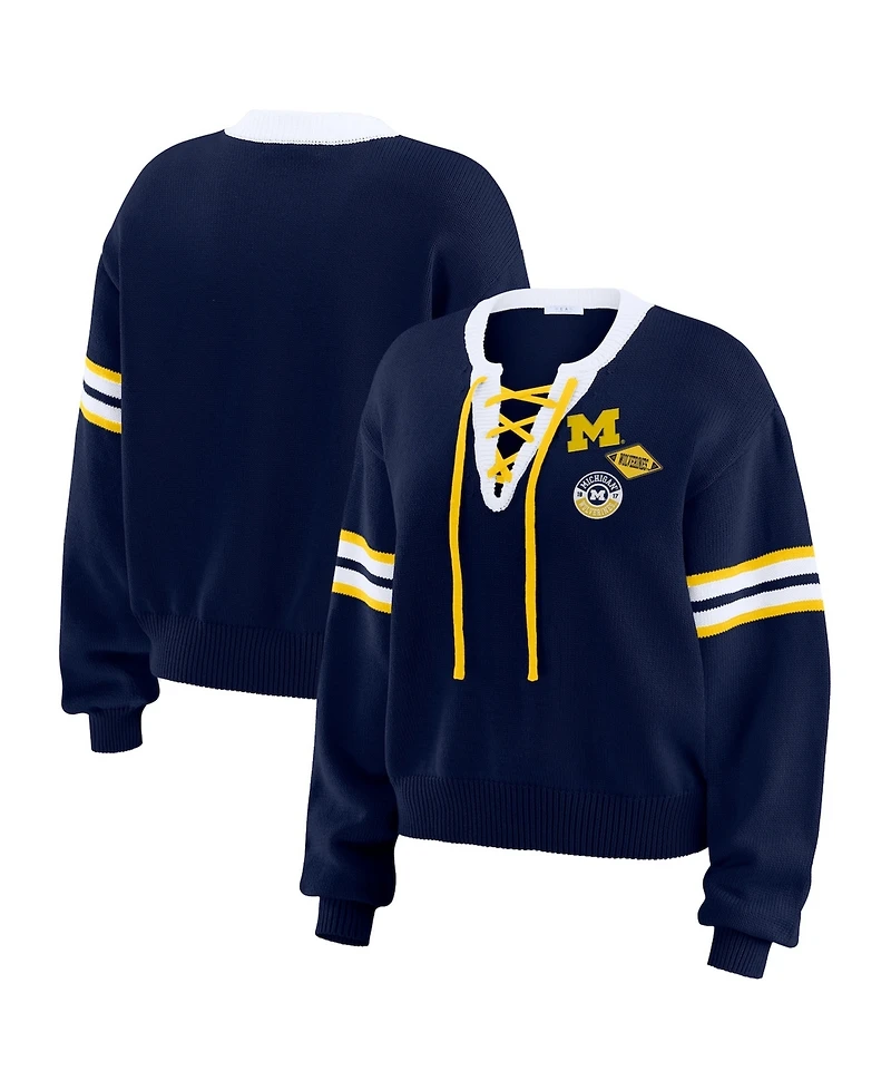 Wear by Erin Andrews Women's Navy Michigan Wolverines Lace-Up Pullover Sweater
