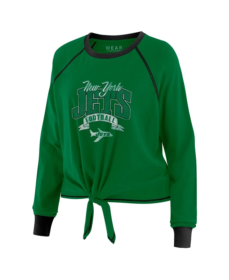 Wear by Erin Andrews Women's Green/Black New York Jets Plus Size Tie-Front Long Sleeve Top