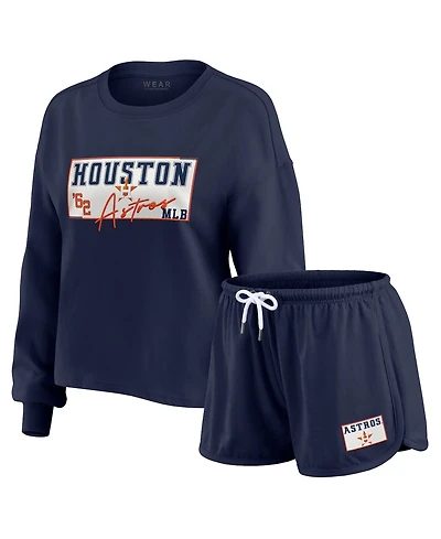 Wear by Erin Andrews Women's 2-Piece Navy Houston Astros Heavy Rugby Jersey Cropped Long Sleeve T-Shirt & Shorts Lounge Set