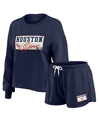 Wear by Erin Andrews Women's 2-Piece Navy Houston Astros Heavy Rugby Jersey Cropped Long Sleeve T-Shirt & Shorts Lounge Set
