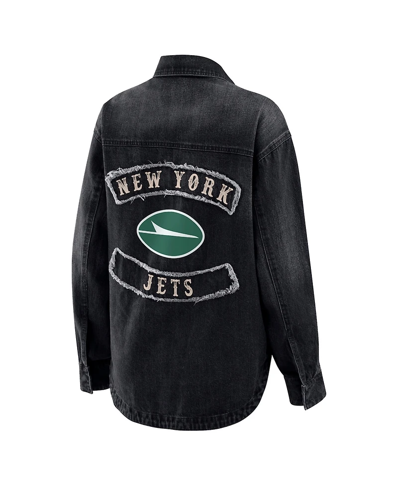 Wear by Erin Andrews Women's Black New York Jets Washed Oversized Denim Full-Snap Shacket