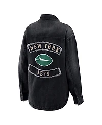 Wear by Erin Andrews Women's Black New York Jets Washed Oversized Denim Full-Snap Shacket