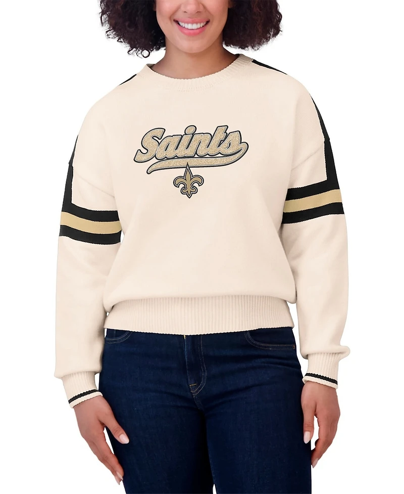 Wear by Erin Andrews Women's Cream New Orleans Saints Stripe Pullover Sweater