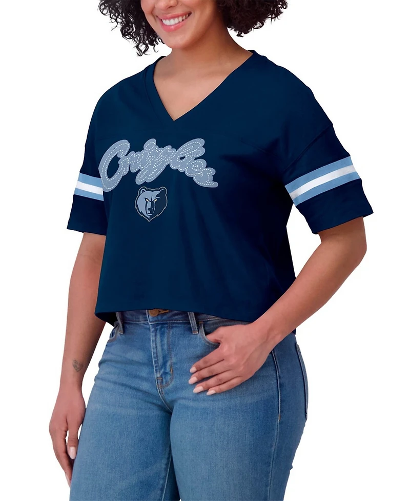 Wear by Erin Andrews Women's Navy Memphis Grizzlies Plus Color Block Boxy V-Neck T-Shirt