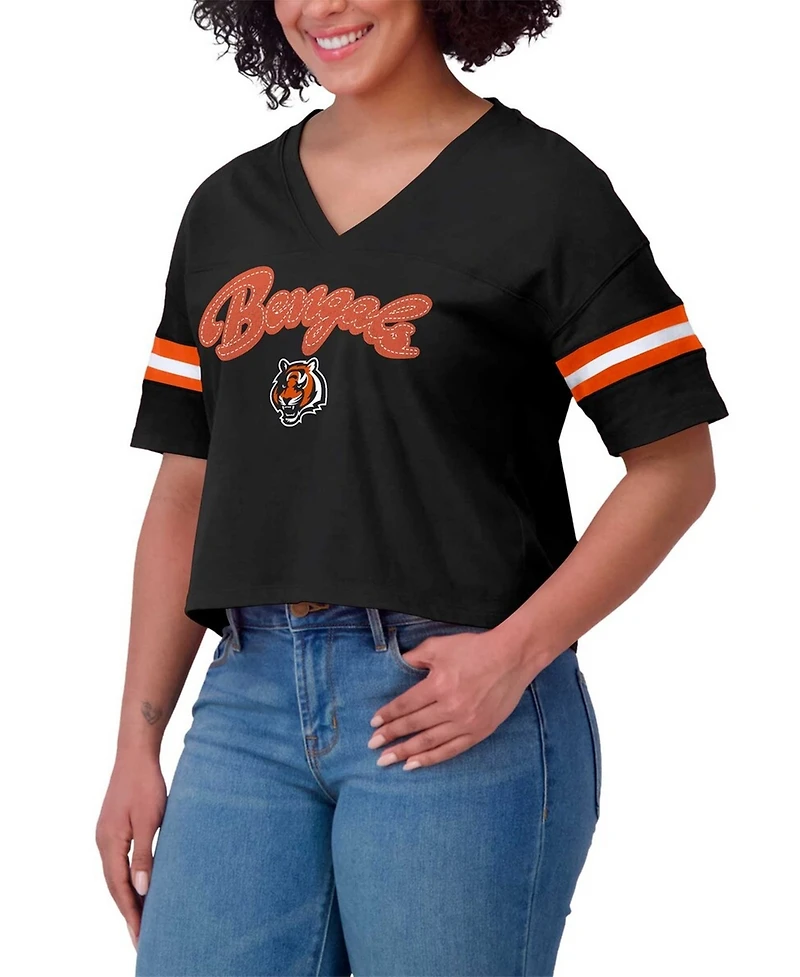 Wear by Erin Andrews Women's Black Cincinnati Bengals Plus Color Block Boxy V-Neck T-Shirt