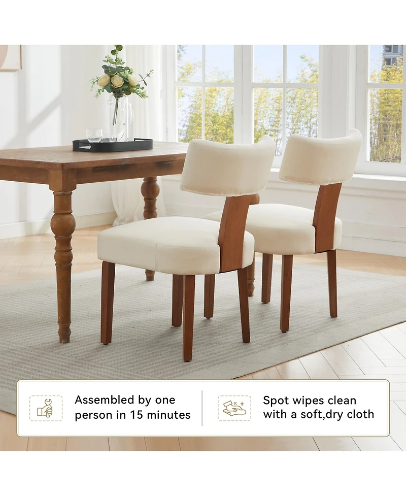 Rainsken Linen Fabric Dining Chairs Set of 2, Modern Armless Kitchen with Curved Backrest and Solid Wooden Legs for Room