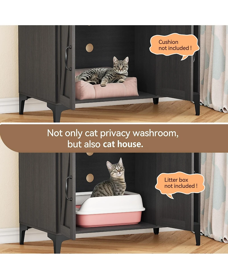 homfan 3-Door Cat Litter Box Enclosure Furniture, Hidden Litter Box Cabinet with Litter Mat, Engineered Wood Cat Washroom, Indoor Pet House End Table