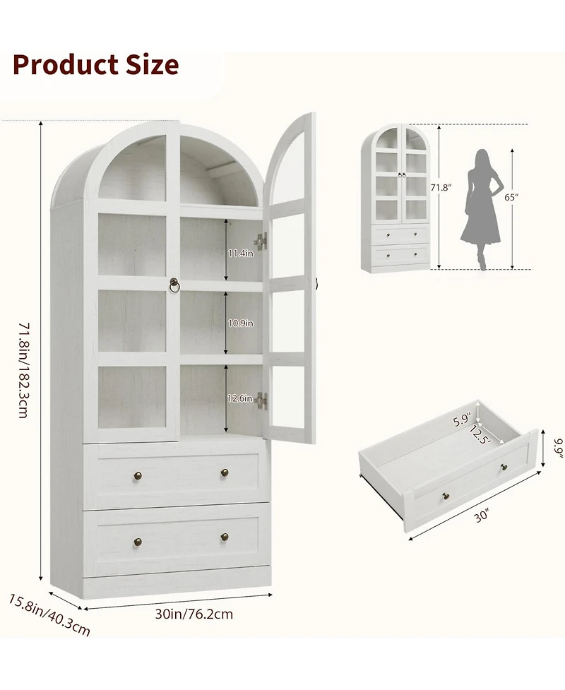 homfan Tall Arched Dome Bookcase with Drawers, 4-Tier Wooden Bookshelf with Glass Door, Farmhouse Rustic White for Home Office