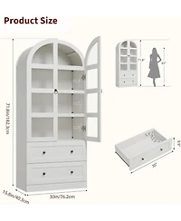 homfan Tall Arched Dome Bookcase with Drawers, 4-Tier Wooden Bookshelf with Glass Door, Farmhouse Rustic White for Home Office