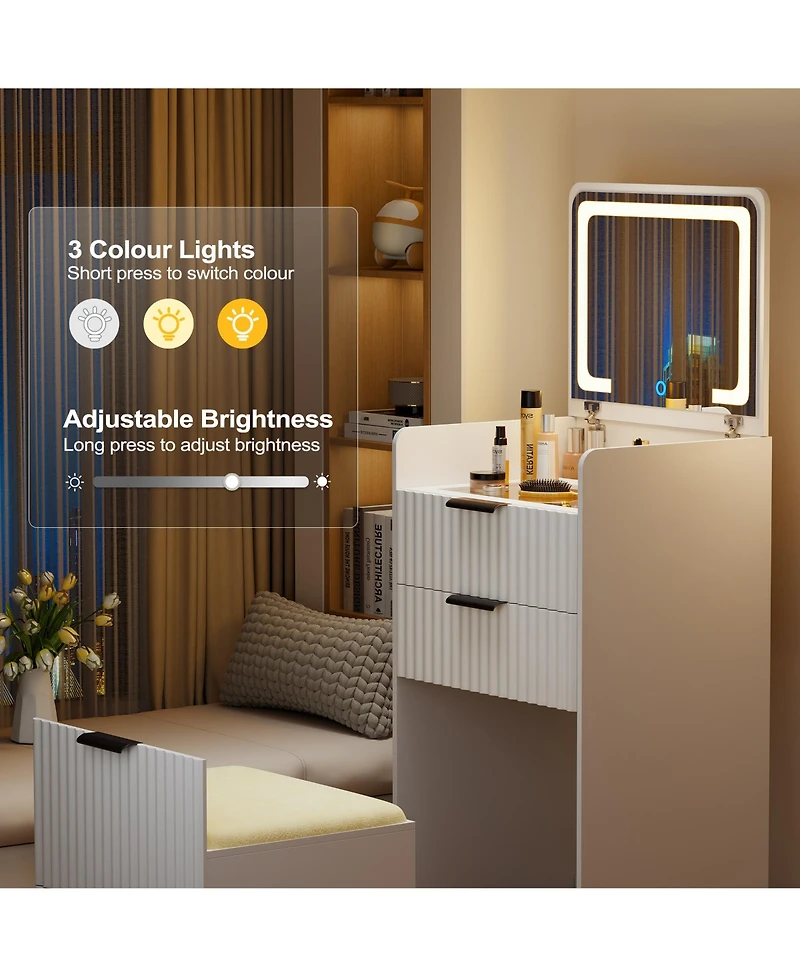 Vlsrka 3-in-1 Flip Top Mirror Vanity Desk, Glass Desktop Dressing Table with 3 Drawers and Padded Stool