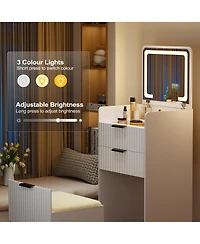 Vlsrka 3-in-1 Flip Top Mirror Vanity Desk, Glass Desktop Dressing Table with 3 Drawers and Padded Stool