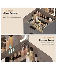 Vlsrka 3-in-1 Flip Top Mirror Vanity Desk, Glass Desktop Dressing Table with 3 Drawers and Padded Stool