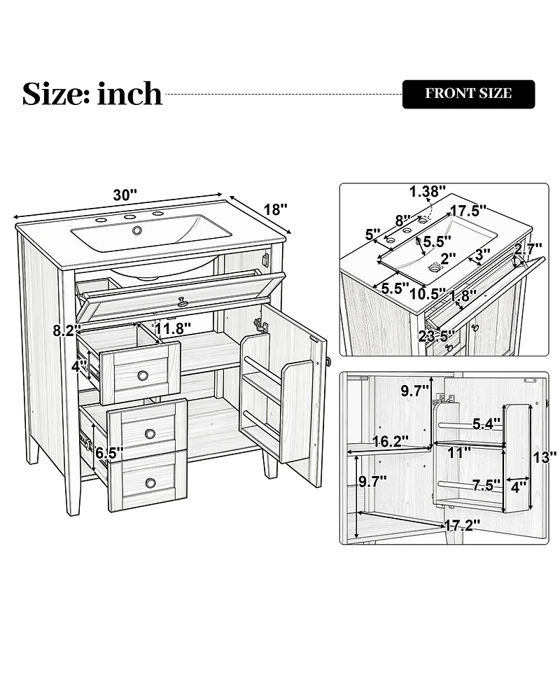 Busdays Grain Bathroom Vanity with Ceramic Sink Solid Wood Legs Soft Close Tip Out Drawer Door Storage Adjustable Shelf
