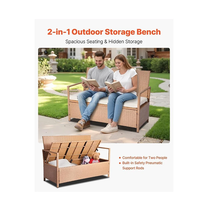 Sugift 2-Person Rattan Storage Bench with Lift Lid and Cushion