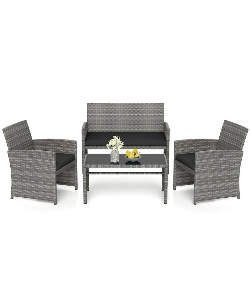 Costway Patio Furniture Set with Tempered Glass Coffee Table Loveseat Single Sofas