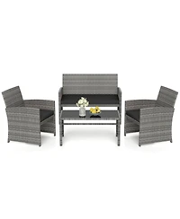 Costway Patio Furniture Set with Tempered Glass Coffee Table Loveseat Single Sofas