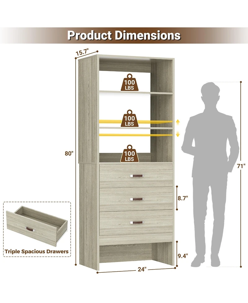 Aheaplus Bookshelf Cabinet with 3-Drawers and Shelves, Wooden Closet Organizer