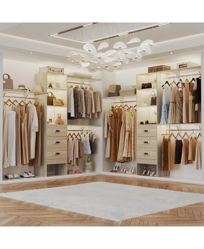 Aheaplus Closet System with 3 Hanging Rods, Drawers and Shelving Tower, 5-8 Feet Walk-in Organizer