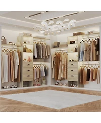Aheaplus Closet System with 3 Hanging Rods, Drawers and Shelving Tower, 5-8 Feet Walk-in Organizer