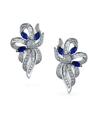 Bling Jewelry Vintage Cocktail Statement Sapphire Blue Cz Ribbon Bow Drop Stud Earrings Silver Plated