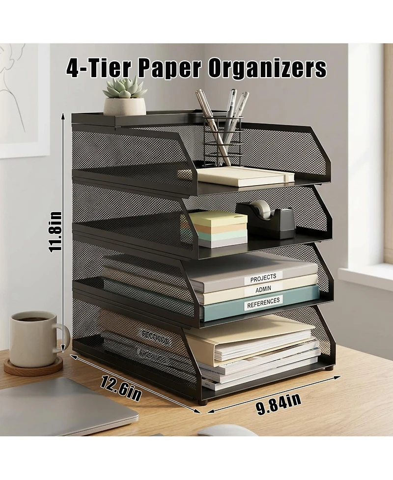 gaomon 4-Tier Stackable Mesh Desk File Organizer, Black Metal Document Tray with Top Shelf, Office Paper Holder for Letters, Folders and Supplies