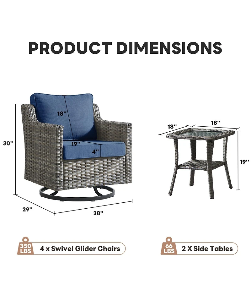 Pocassy 6 Piece Outdoor Wicker Patio Furniture Set,High Back Swivel Rocker Patio Chairs with 4" Thickened Cushions and Side Table