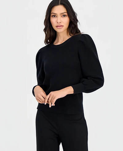 Anne Klein Essentials Petite Long-Puff-Sleeve Crewneck Sweater