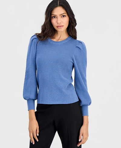 Anne Klein Essentials Women's Petite Puff-Sleeve Crewneck Sweater