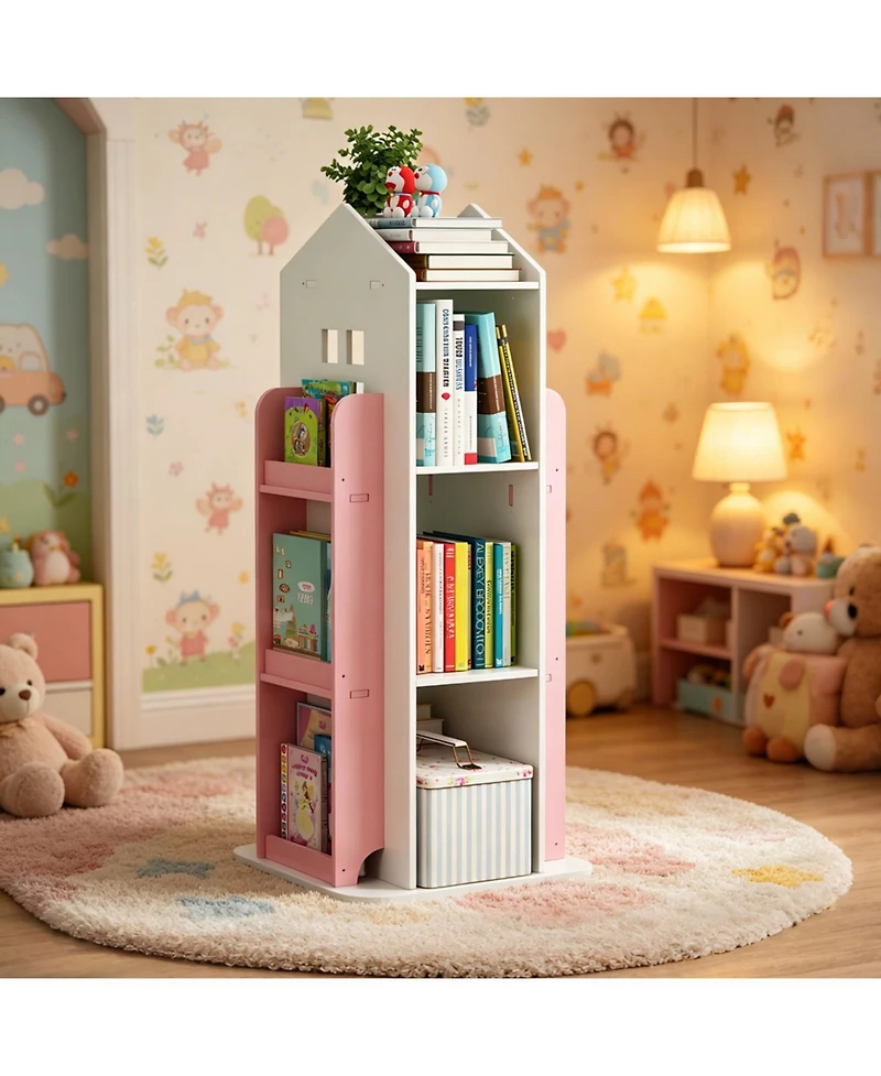 Rainsken 4-Tier Rotating Bookshelf Tower, 360 Degree Display Floor Standing Bookcase Storage Rack, for Bedroom, Living Room, Study Room