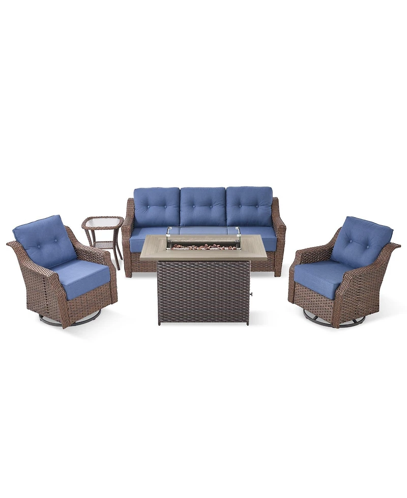 Pocassy 5-Piece Wicker Patio Conversation Set with Thick Cushions and Fire Pit Table