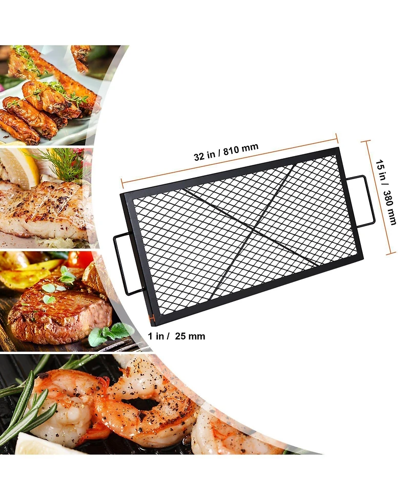 Cozito X-Marks Fire Pit Grill Grate, 32 x 15 inches Rectangle Q235 Steel Cooking Grid with Handle