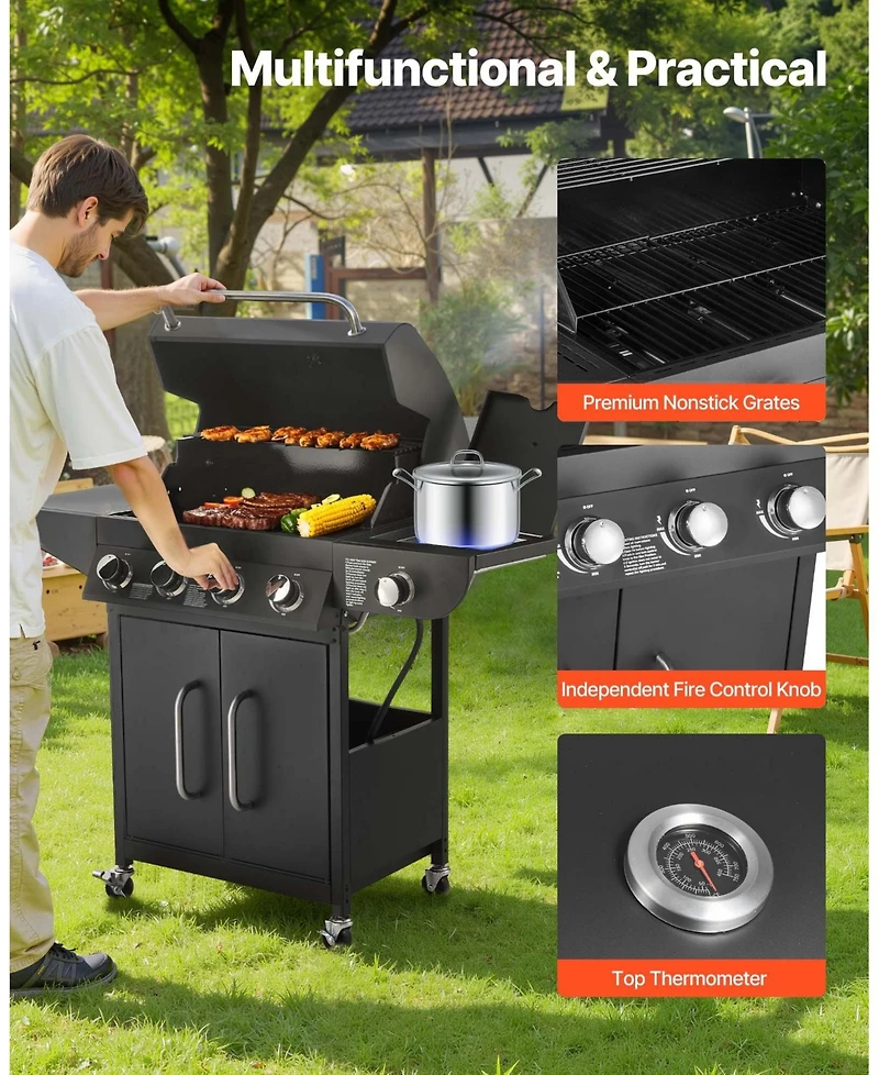 Cozito Gas Grill, 4-Burner Propane Grill with Side Burner