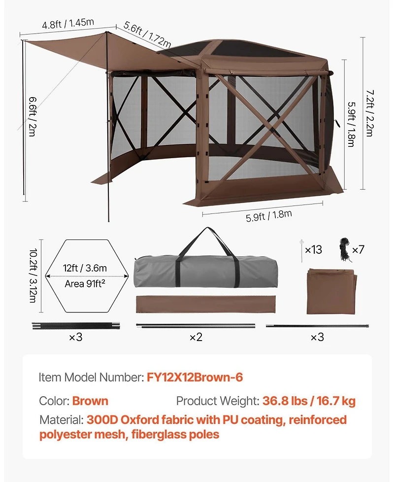 Cozito Pop Up Gazebo Screen Tent, 12 x 12 feet 6-Sided Canopy with Carry Bag