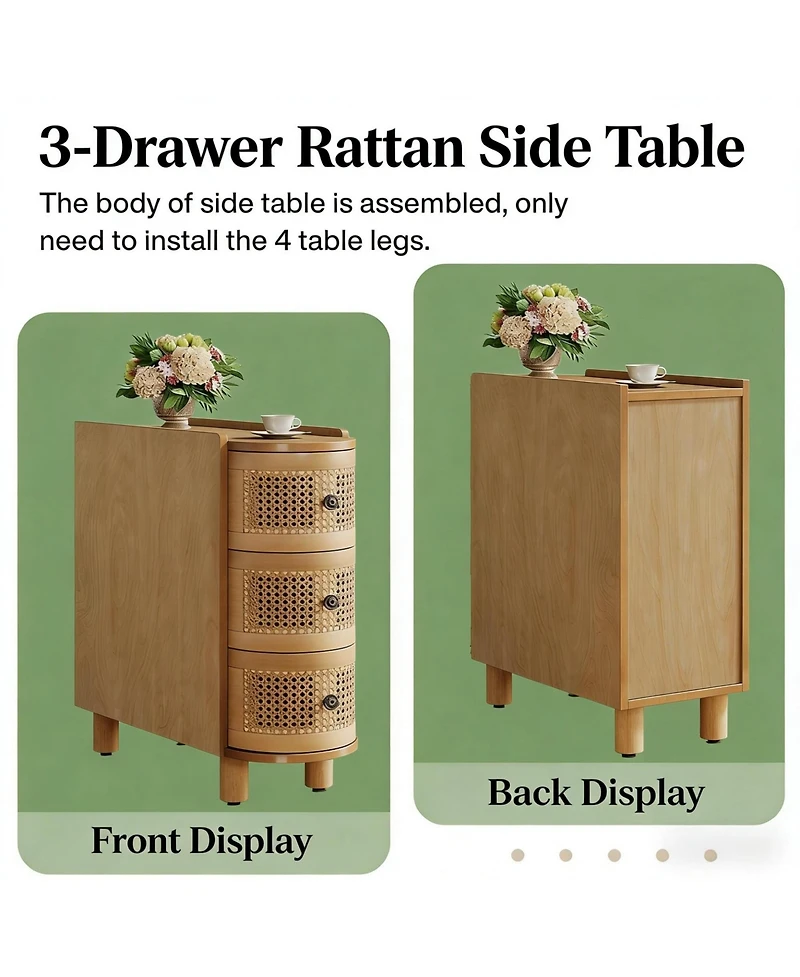 Rainsken 3 Drawer Rattan Nightstand with Embossed Handles, Solid Wood End Table