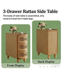 Rainsken 3 Drawer Rattan Nightstand with Embossed Handles, Solid Wood End Table