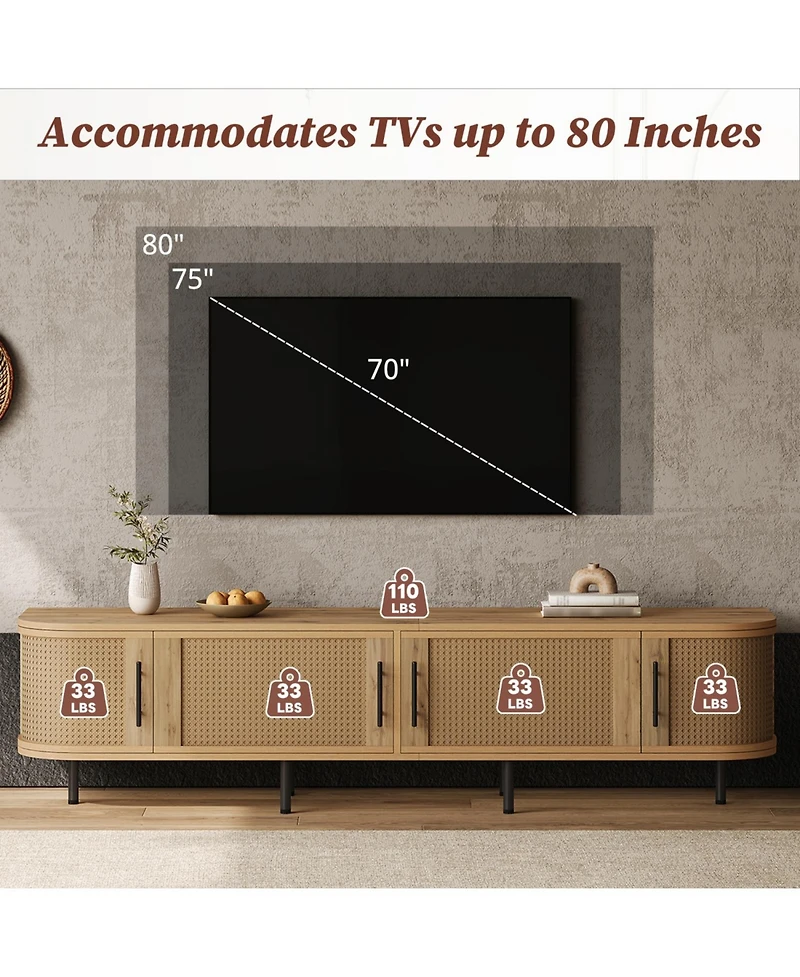 Rainsken 70 inch Modern Tv Stand, Rattan Doors, with Storage Space and Cable Holes, for TVs up to 80 inch, Media Console, for Living Room