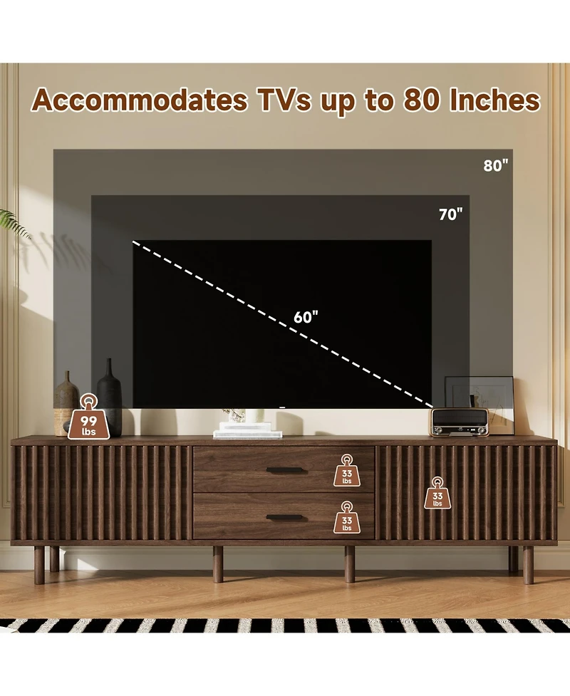 Rainsken 70 inch Modern Tv Stand, for TVs up to 80inch, with Ample Storage and Solid-Wood Legs, Media Entertainment Center, for Living Room